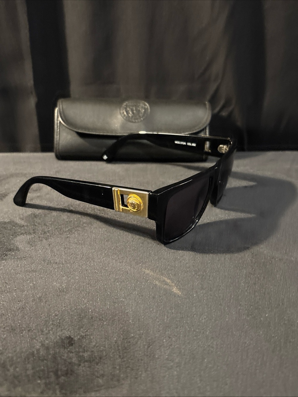 Versace Black Rectangular Sunglasses with Gold Medallion Accent